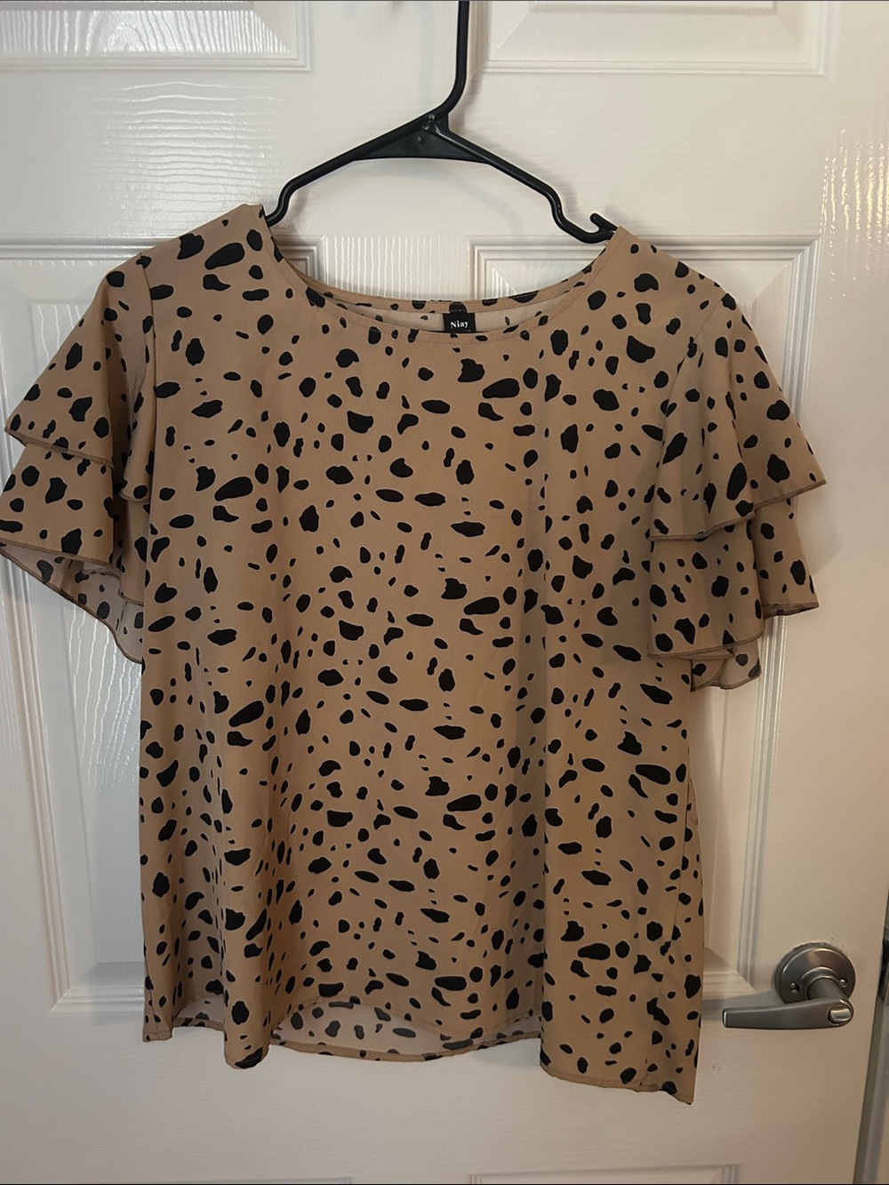 Nine West Beige and Black Spot Print Flutter Sleeve Blouse